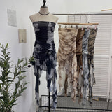 Shot Tie Net Yarn Printing Irregular Ribbon Three-Dimensional Flowers Small Man With Chest Short Skirt Dress Dress