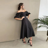 Graduation party Sexy Slash Neck Backless Midi Dress Autumn High Waist Elegant Puff Sleeve A-Line Long Party Dresses For