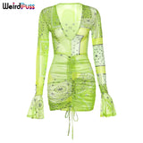 Puss Mesh Sexy Women Long Sleeve Dress Drawstring Bandage Deep V Skinny Mini Bodycon 2021 New Fashion Prom Party