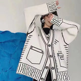Painting Graffiti Sweater Women's New 2024 Autumn And Winter Black And White Loose Lazy Cardigan Coat Knitted Blouse-Outfit
