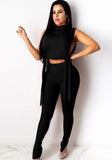 Sexy Stand Collar Sleeveless Crop Top Solid Lace Up Two Piece Pants