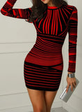 Red Long Sleeves Striped Print O-Neck Mini Party
