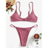 Summer Sexy Split Swimwear Suit Women Solid Color Metal Ring Decoration Brazilian Beach Vacation Swimwear Bikinis Set-Outfit