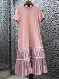 Casual Patchwork Folds Dress For Women Round Neck Short Sleeve Loose Waist Long Dresses Female 2023 Fashion Summer