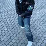 high-quality retro blue embroidered dragon pattern men jeans for spring and autumn couples high street loose slim pants-Outfit