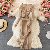 Women Korean Knitted Dress Long Sleeve O Neck Elastic Slim Pencil Dress Autumn Winter Sexy Bodycon Split Sweater