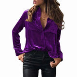 Autumn Pocket Shirt Long Sleeve Plain Satin Solid Single Breasted Women's Shirt Casual Pocket Patchwork Cardigan