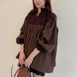 SuperAen Autumn Retro V-neck Patchwork Knit Design Loose All Match Puff Sleeve Shirts Women's