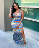 Stripe Printed Sling Cut Out Lace-Up Slit