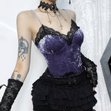 Dark Velvet Lace Sling 2023 Fall New Sexy Spicy Girl Spliced Blouse Girl-Outfit