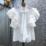 Patchwork Ruffle Shirt For Women Bow Collar Short Sleeve Solid Chic Blouse Femlae Fashion New Clothing