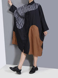 Women Black Striped Split Big Size Long Dress New Lapel Long Sleeve Loose Fashion Tide Spring Autumn 2023