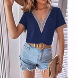 New Women's Dress Lace Lace V-Collar Solid Color Loose Blouse Temperament Commuter Short-Sleeved Shirt-Outfit