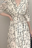 Korea Fashion Clothing Summer Slim Elastic Waist A Line V Neck Elegant Office Lady Floral Chic Chiffon Long Dress