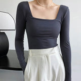 square-neck t-shirt women's slim-fit exposed collarbone low-neck short top bottoming shirt-Outfit
