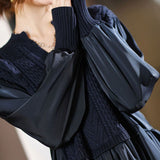 Knitted Patchwork Blouse Spring Autumn Korean Loose Women's Clothing Basic Fake Two Pieces Casual Half Open Collar