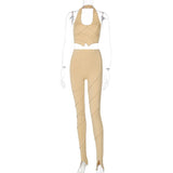 Women Sexy Halter Backless Sleeveless Crop Top Pants Matching Sets Outfits Two Piece Set