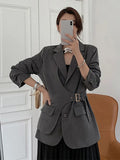 Women Gray Irregular Big Size Blazer New Lapel Long Sleeve Loose Fit Jacket Fashion Tide Spring Autumn 2023