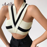 Women Knit Tank Top Contrast Color Striped Print Cross Neck Sleeveless Camisole Elastic Casual Skinny Vest