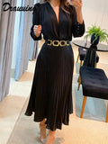 Black Ankle Length Dresses Women V Neck Long Sleeve Loose Elegant Office Lady Fold Dresses Women Autumn New-Outfit