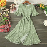 Summer Women Blue/Green/Pink Polka Dot Dress 2020 Vintage High Waist A-line Ladies Vestidos Verano Casual V-neck Dresses
