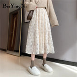 Sequins Floral Spring Summer Pleated Black Streetwear Chic Woman Skirts Solid High Waist Vintage Korean Faldas