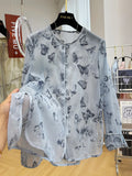 Chinese Style Light National Style Butterfly Printed Round Collar Long-Sleeved Shirt Summer Tulle Sunscreen Blouse Temperament Blouse-Outfit