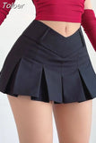 Pleated Mini Skirt Women V-shaped Low Rise Summer 2023 Sexy Vintage Y2k Solid A-line Miniskirt Korean Acubi Fashion 425-0-Outfit