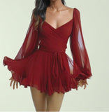 Spring Women's Dress Sexy Hottie Skylit Lantern Sleeve V Collared Shoulder