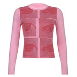 Eyes Print Crop Top Long Sleeve T Shirt Vintage Long Sleeve Basic Slim Pullovers Women Autumn Harajuku Tee