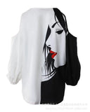 Loose Zipper Print Shirt Blouse Women Spring Summer Fashion V-neck Lantern Sleeve Shirts For Women Sexy Off Shoulder Top-Outfit
