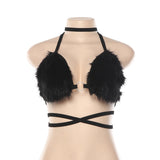 Sexy Women Short Crop Tops Backless Fleece Choker Bandage Sleeveless Vest Halter Tank Off Shoulder Ring Bralette Summer Cami-Outfit