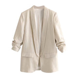 Women Office Wear Blazer Coat 2021 Notched Collar Casual Pockets Suit Blazers Solid Pleated Sleeve Chic Outwear