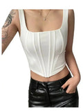 Summer Crop Tops Sexy Square Neck Tight Backless Short Top Sleeveless Tank Tops Women Casual Solid Color Basic Camisole-Outfit