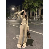 Two Piece Sets Women Solid Casual Slim Fit Hooded V Neck Zipper Full Sleeve Tops Coats Wide Leg Long Pants Set 2023-Outfit