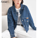 Women Denim Jacket 2023 Spring Long Sleeve Polo Neck Loose Coat Warm Casual All Match Chic Beige Dark Blue