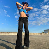 Punk Vintage Low Rise Flared Jeans with Pockets Goth Streetwear Full Length Blue woman jeans Y2K Retro Chic Pants Fall-Outfit