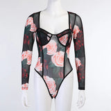 Long Sleeve Square Collar Patchwork Floral Print Mesh Mini Dress Autumn Winter Women Fashion Sexy Party Club