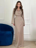 Long Sleeve Maxi Dress Women V Neck Flare Sleeve Long Dress Female Slim Elegant Party Dress Women Metal Chain Solid-Outfit
