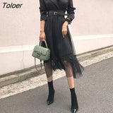 Korean Women Dress Chic Black Temperament Formal Vintage Casual Belt Slim Midi Party Club Prom Robe Femme Mujer