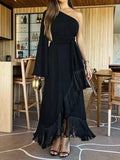 Black Tassels Hem Loose One Sleeve Ankle Length Dresses Women One Shoulder Tassels Elegant Party Dresses Autumn New-Outfit