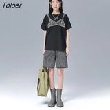 Women T-shirts 2022 Summer Short Sleeve O Neck Loose Tees Corset Pattern Black Casual Chic