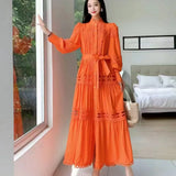Style Dress Summer Dress Women's Heavy Industry Hollow Lace Splicing Long French Lantern Sleeve