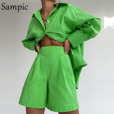 Casual Long Sleeve Shorts Matching Sets Women Tracksuit Loose Shirt Tops And Mini Shorts Two Piece Set Lounge Wear