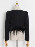 Solid Color Patchwork Feather Blouse For Women O Neck Long Sleeves Crop Top Slim Fit Blouse Female 2022 Spring