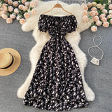 Women Floral Dress bohemian A-Line slash neck short sleeves dress summer vintage beach off shoulder Polka Dot