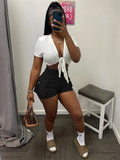 Summer Bodycon Streetwear 2 Two Piece Set Outfits Tracksuit Women Short Sleeve Bandage Crop Top Shorts Black Matching