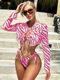 2023 Sexy New Striped Printed Shirt Collar Mesh Three-Piece Swimsuit