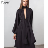 Christmas Low Cut Party Dress Bow Collar Lace Up Hollow Out Pleated Chiffon Dress Lantern Sleeve A-Line Autumn Midi