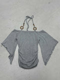 Shoulder Design Beads With Hanging Neck Horn Sleeve Tops The Folding Tight Waist Thin Knitting Temperament